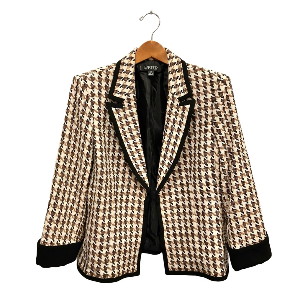 Kasper Women's Houndstooth Tweed Blazer Black/Cream Petite 14 EUC